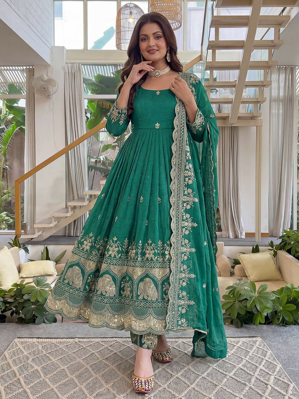 Teeya Creation New Trendy Stylish Wedding Wear Embroidered Anarkali Set - Teal-Green