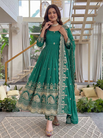 Teeya Creation New Trendy Stylish Wedding Wear Embroidered Anarkali Set - Teal-Green