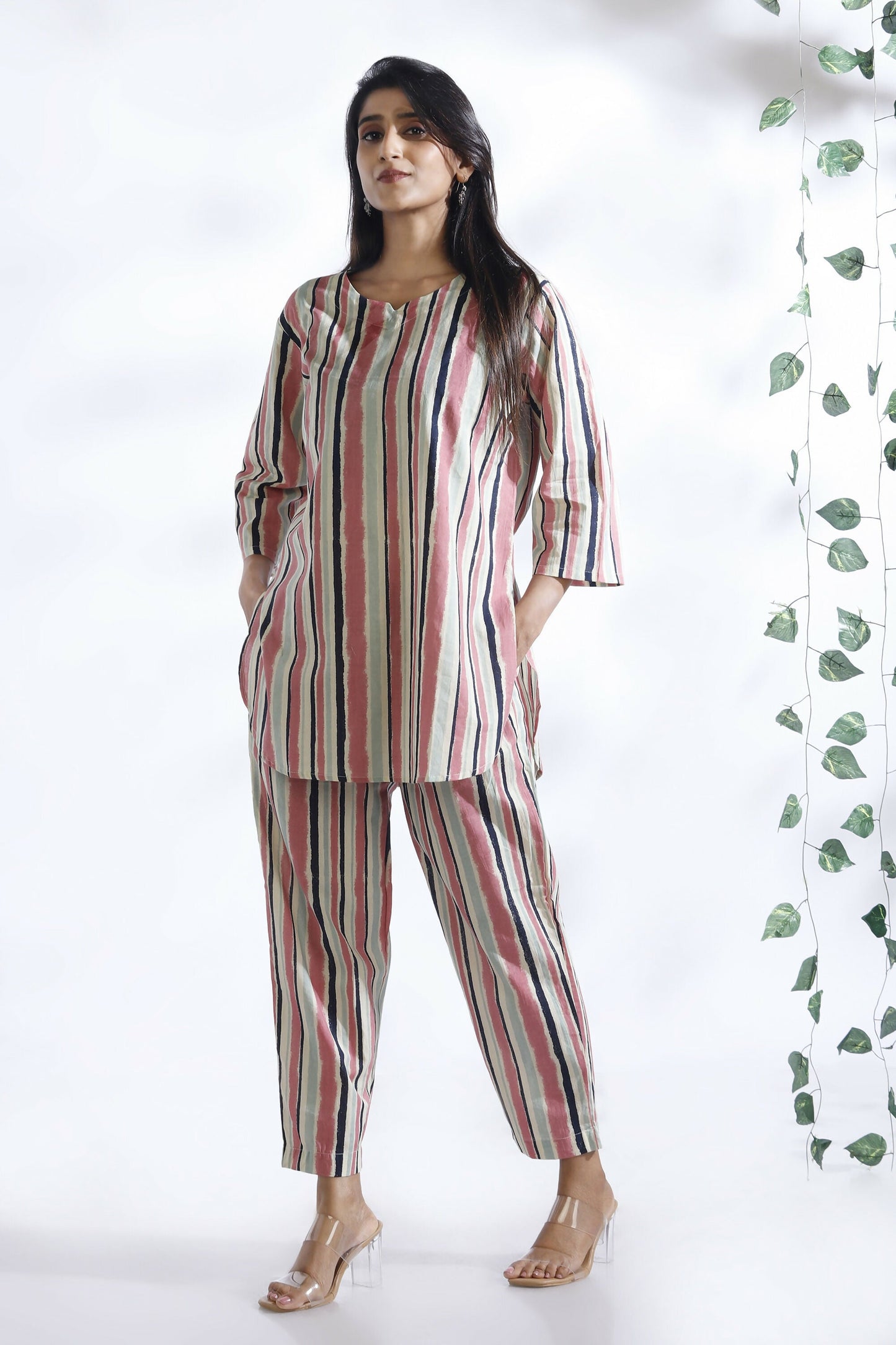 Breathables WomenS Pink Cotton Stripes Loungewear Co-Ord Set