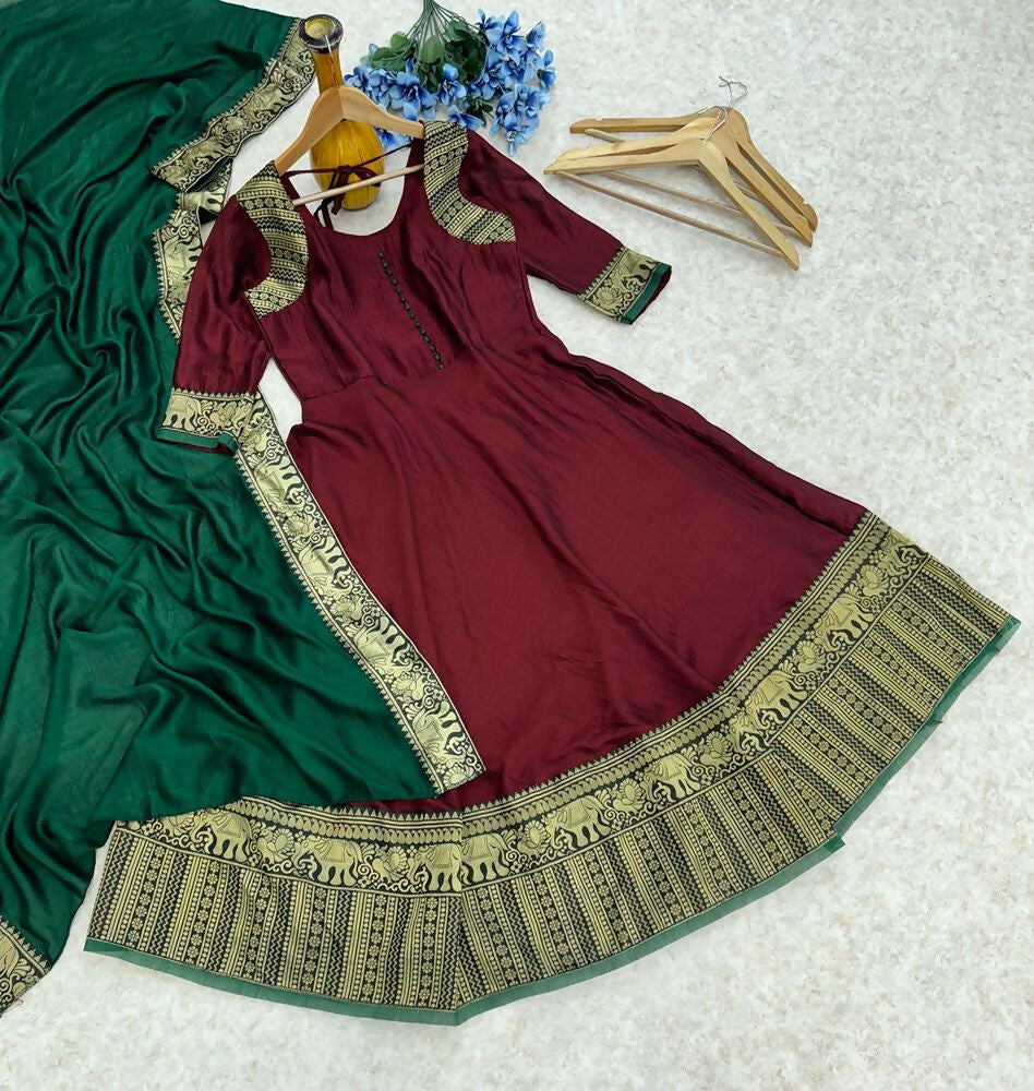 Teeya Creation Royal Maroon Anarkali Gown with Zari Border Dupatta for Women