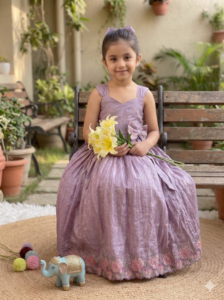 Teeya Creation New Trendy Girls Elegant White Crinkled Ethnic Gown with Pink Lotus Border and Stylish Waist Bow