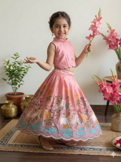 Teeya Creation New Girls Blush Pink Pichwai Embroidered Lehenga Choli Set-Pink