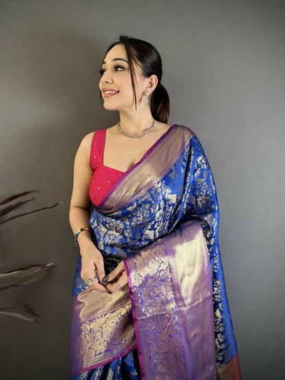 Prime Volt Pure Handloom Kanjivaram Katan Silk Saree with Antique Zari & Contrast Pallu-Royal Blue