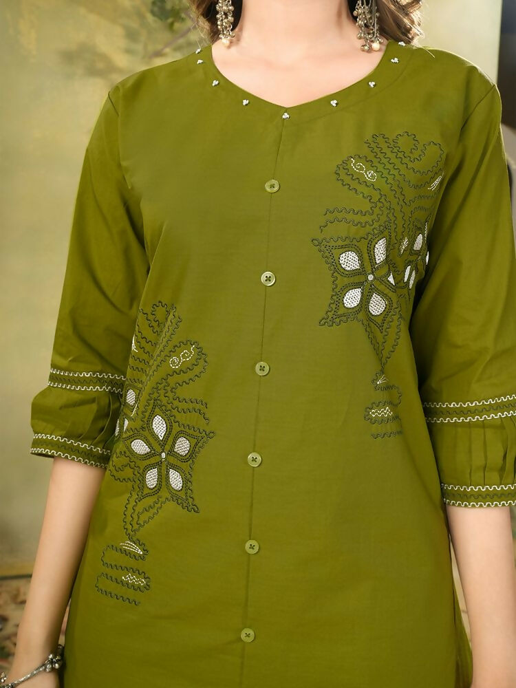 Teeya Creation Olive Green Embroidered Cotton Co-ord Set for Women