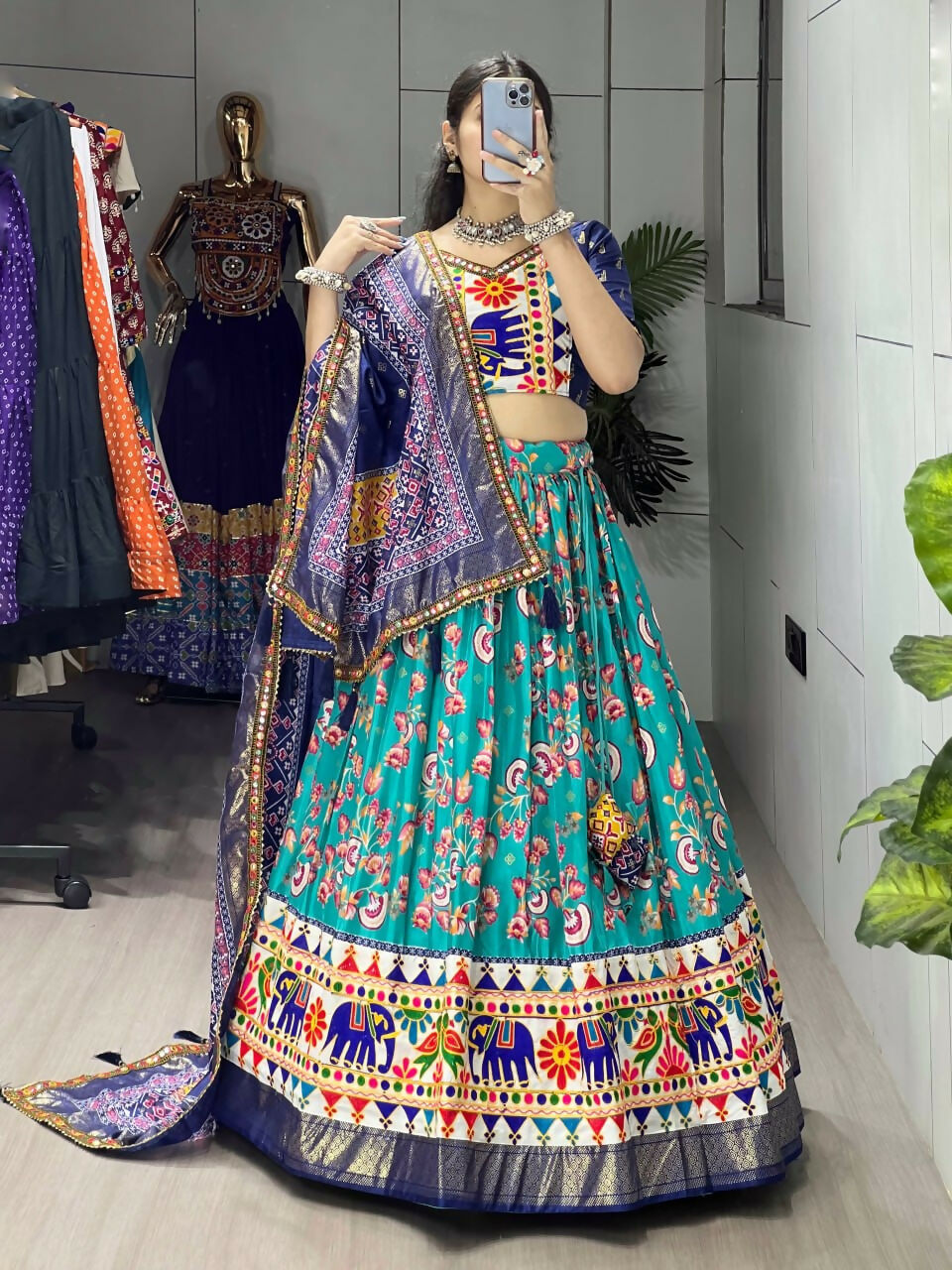 Yash Enterprise Firozi Silk Embroidery Semi Stitched Navratri Chaniya Choli