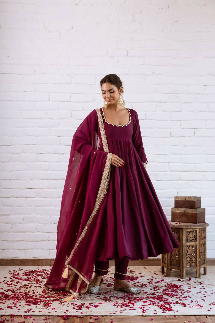 Teeya Creation Wine Solid Silk Blend Anarkali Suit With Pants And Dupatta