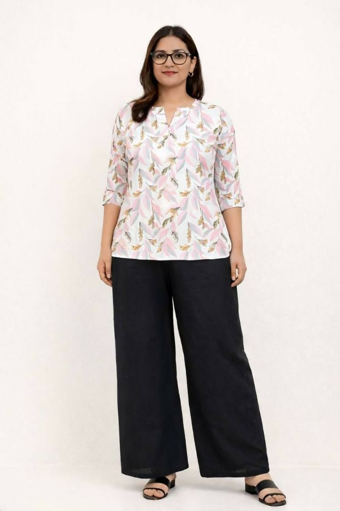 Teeya Creation Womens New Trendy Pink Flower Floral Printed Short Kurti with Beige Palazzo Set