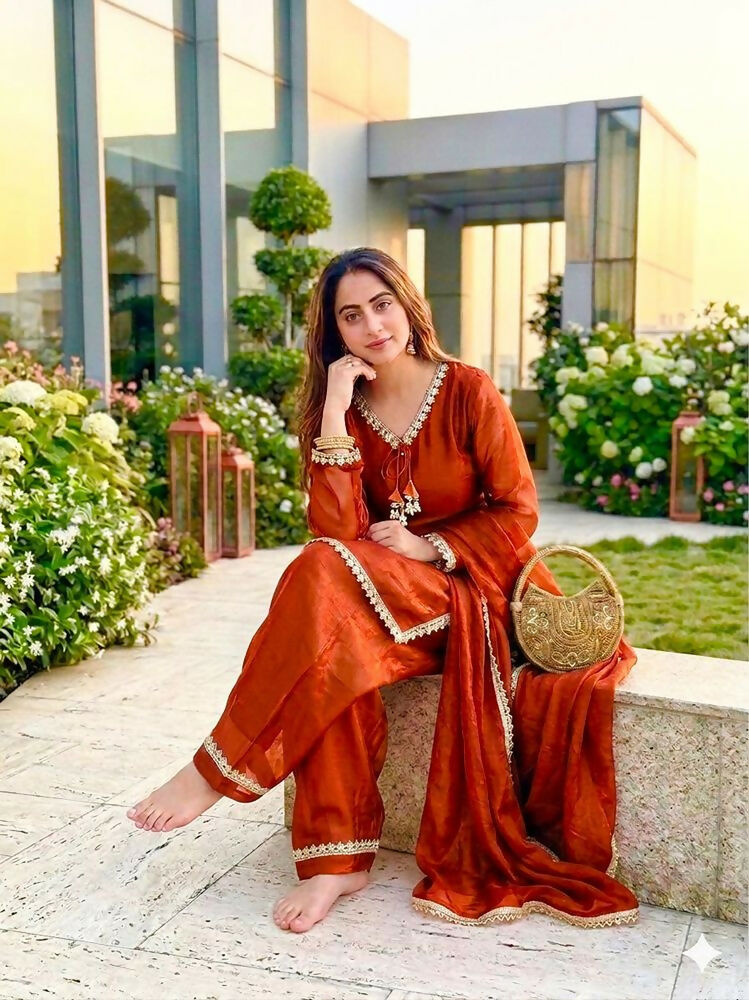 Teeya Creation New Trendy Elegant Orange Chanderi Silk Kurta Set with Delicate Lace Detailing and Matching Dupatta