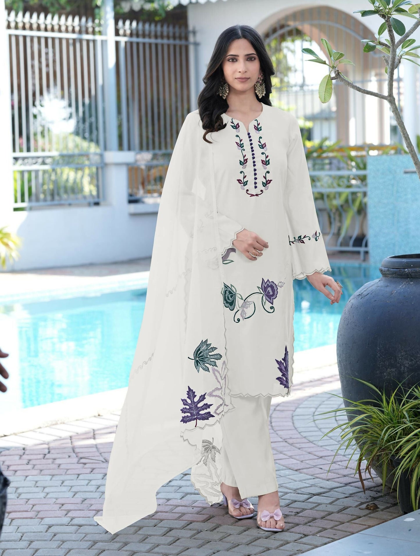 Nikhaar Cream Embroidered Art Silk Stitched Straight Cut Kurta Pants Dupatta Readymade Suit