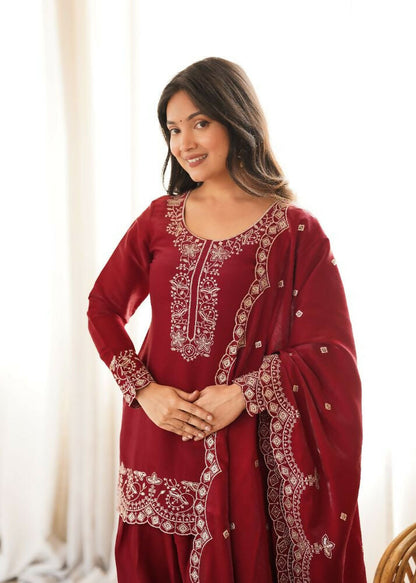 Teeya Creation Deep Red Silk Embroidered Kurta Salwar Suit Set With Scalloped Dupatta