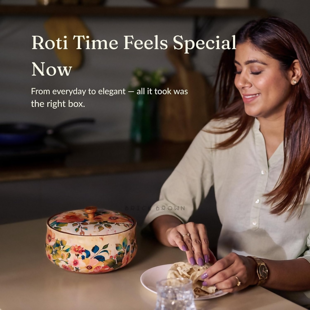 Brick Brown Handcrafted Enamel Coated Wooden Pastel Flora Roti Box
