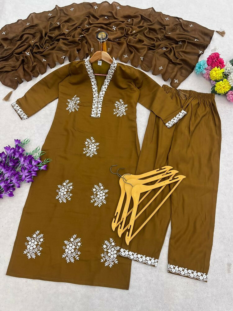 Teeya Creation Vibrant Gold Embroidered Kurti with Pant and Dupatta Set