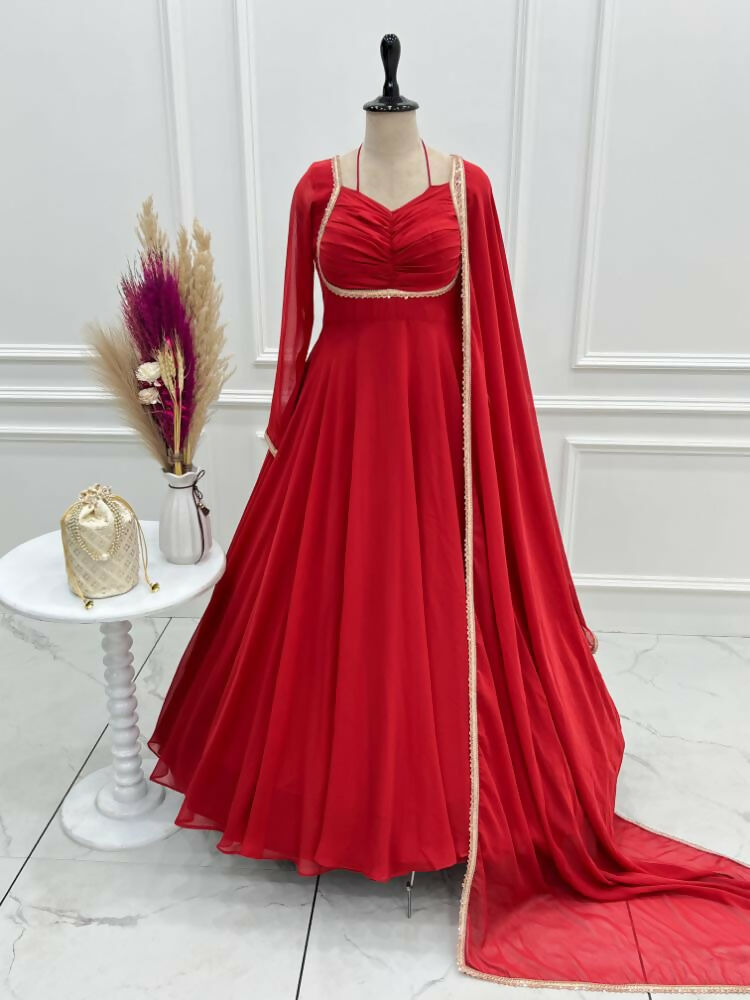 The52 Women's Gorgeous Solid Fox Blooming Georgette Fabric Flared Anarkali and Dupatta Set-Red