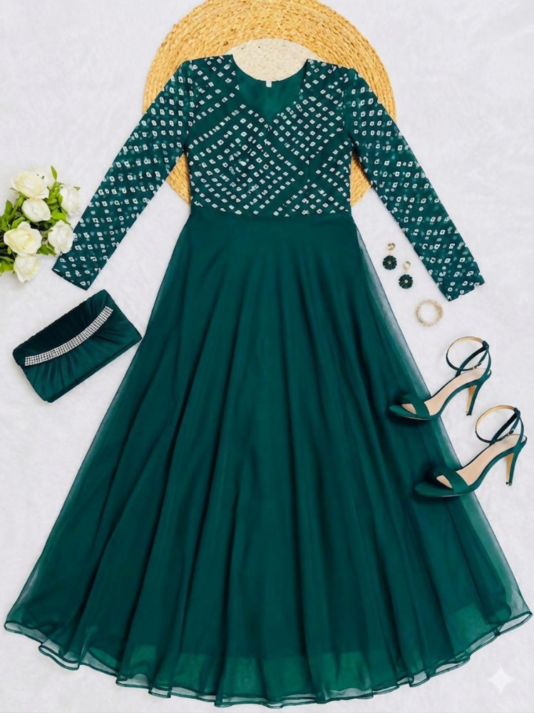 Teeya Creation Women's Green Bandhani Print Anarkali Gown