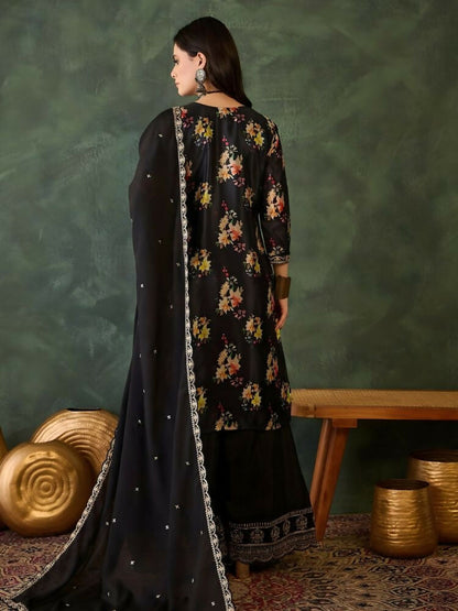 The52 Women's Gorgeous Embroidery Chinon Fabric Straight Kurta Palazzo and Dupatta Set
