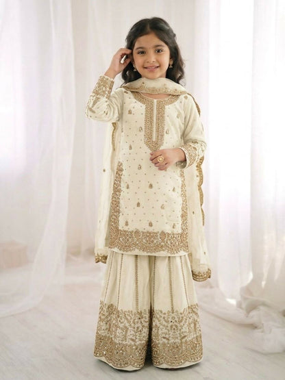 Teeya Creation Girls Heavy Embroidery White Ethnic Kurta And Palazzo Set With Net Dupatta