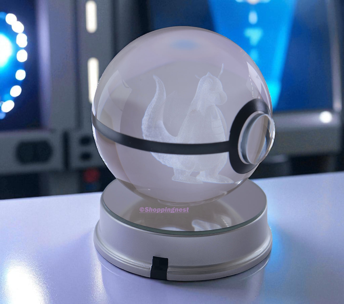 Pokémon Dragonite Crystal Poké Ball 3D Laser Engraved Figurine | Color Changing LED Night Lamp |PVC| Collectible by ShoppingNest