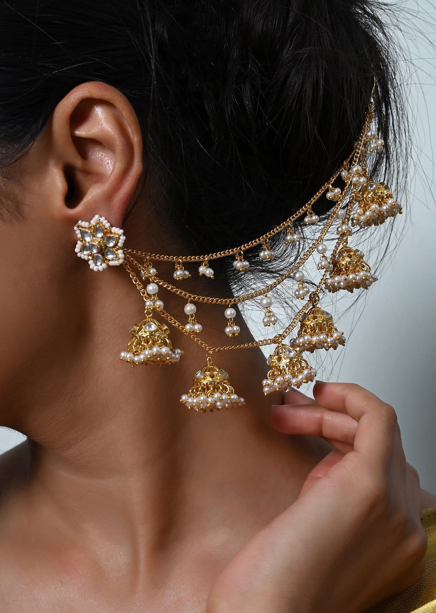 White And Gold Kundan Ear Chain