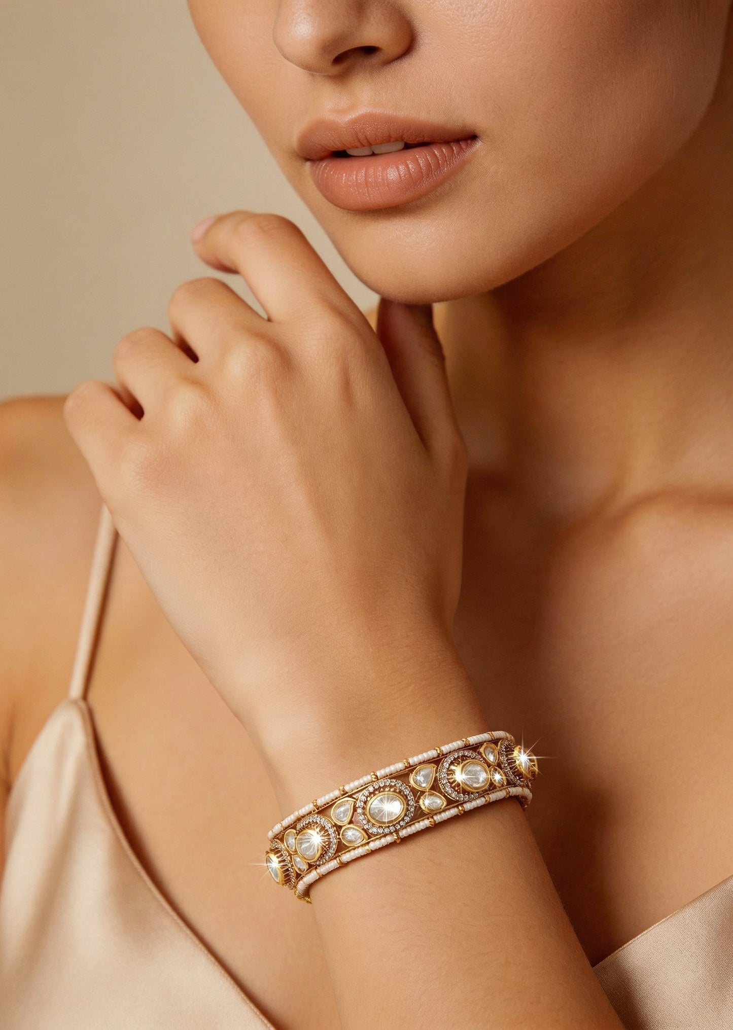White And Gold Stone Encrusted Cutwork Bangle Set