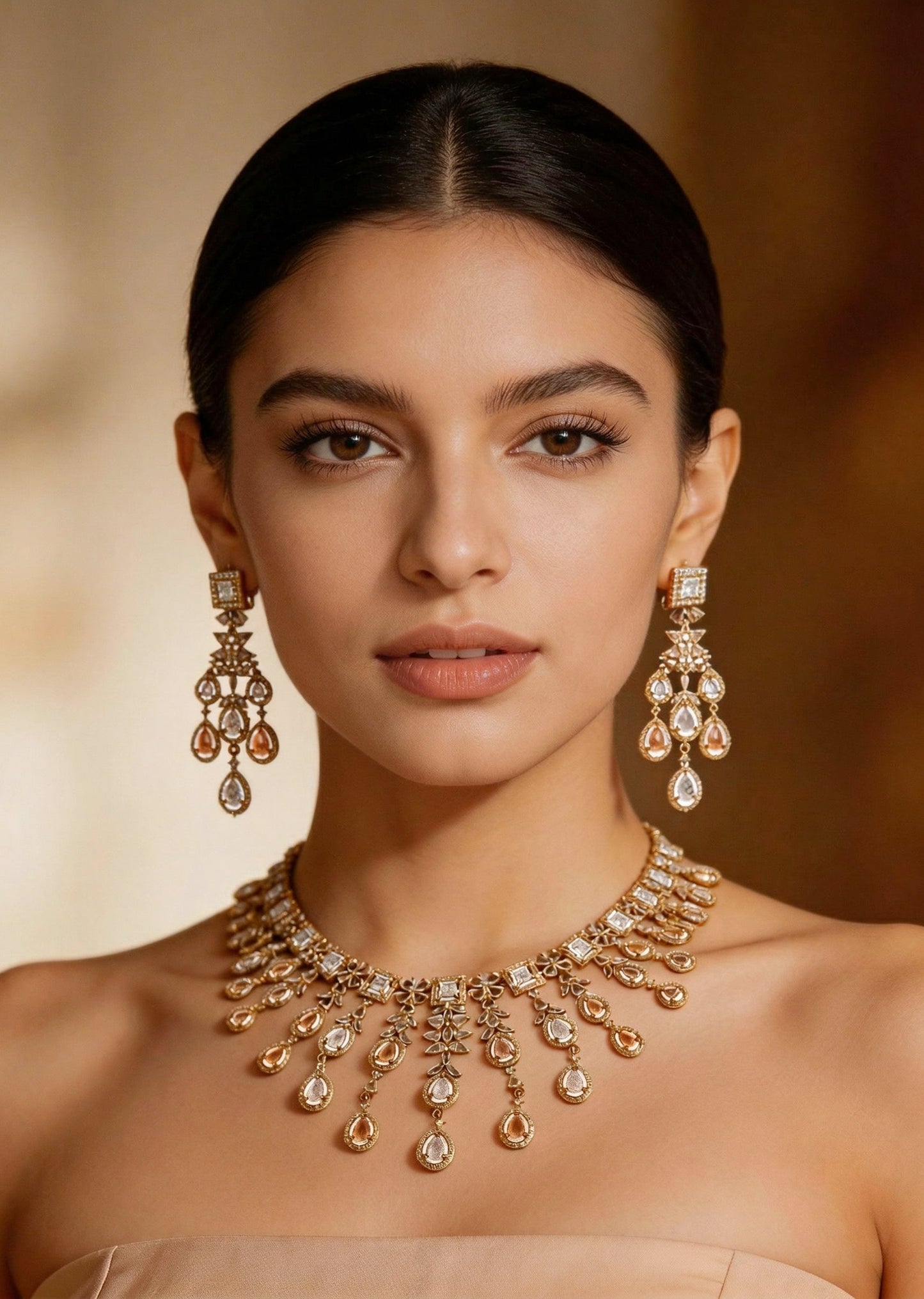 White And Gold Stone Encrusted Necklace Set With Maangtikka