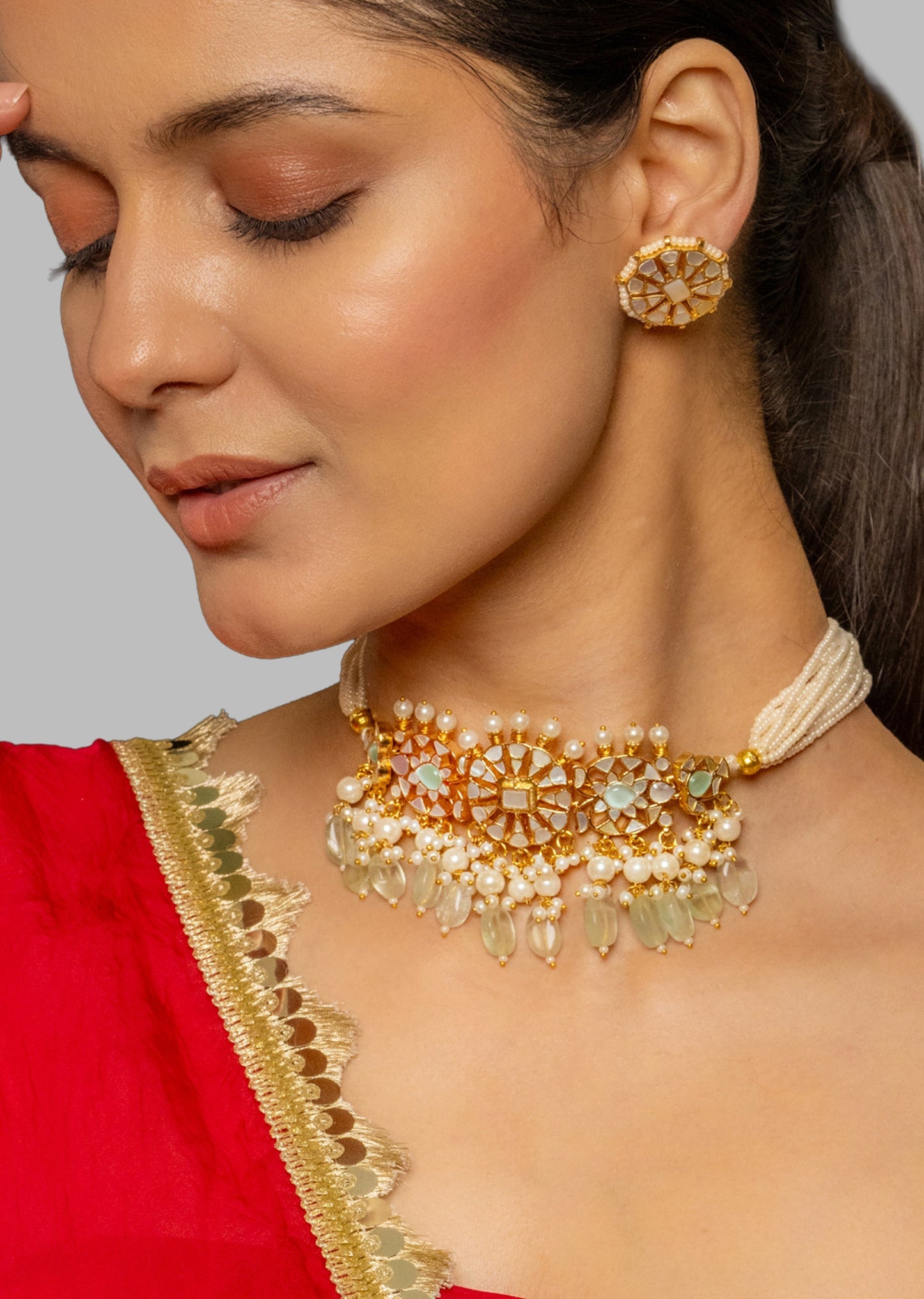 White And Mint Kundan Polki Bridal Choker Set
