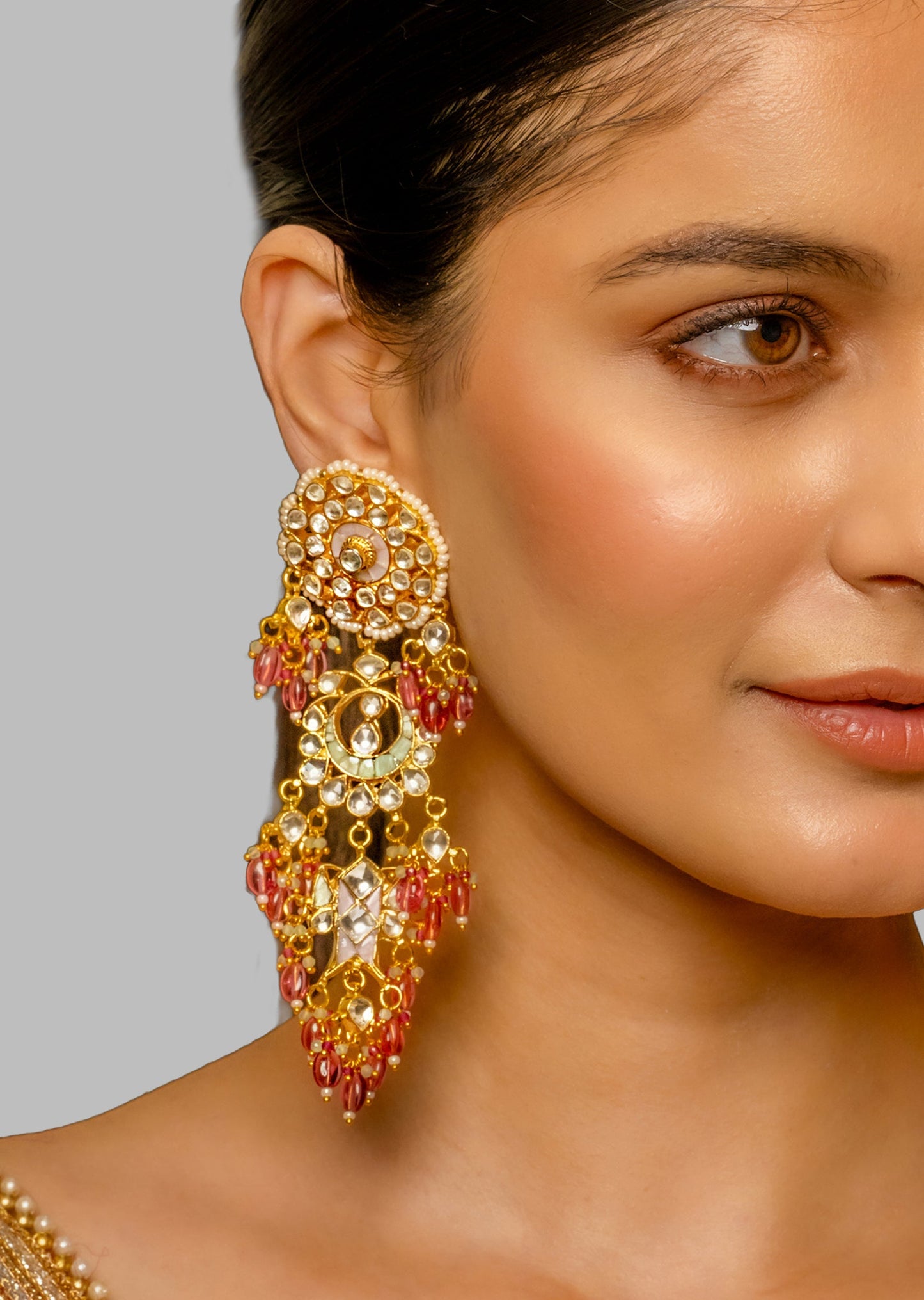 White And Mint Kundan Polki Earrings