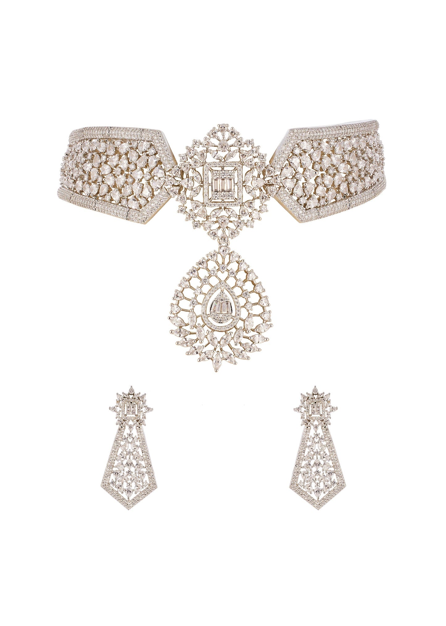 White Anti Tarnish Rhodium Plated Long Pendant Necklace Set In Brass with CZ Diamonds