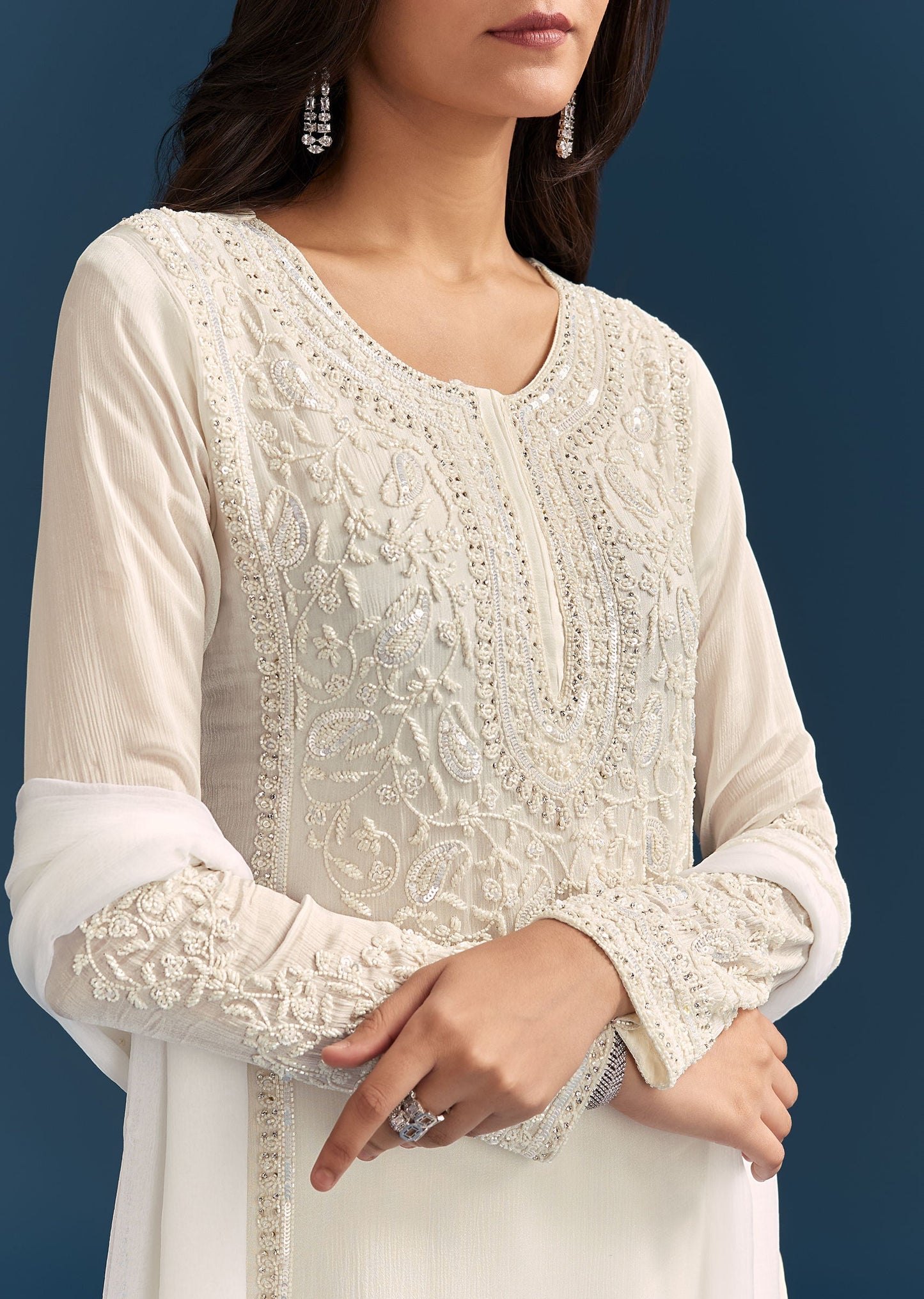 White Chinon Kurta Set With Sequins And Cut Dana Work
