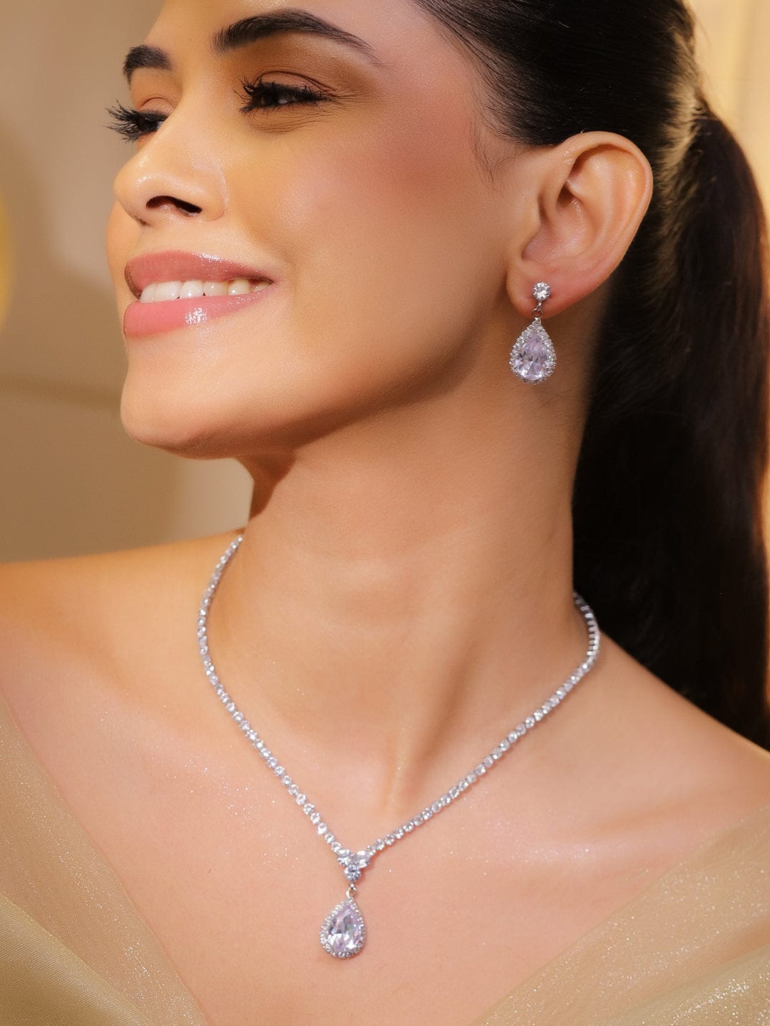 White Crystal Teardrop Necklace Set