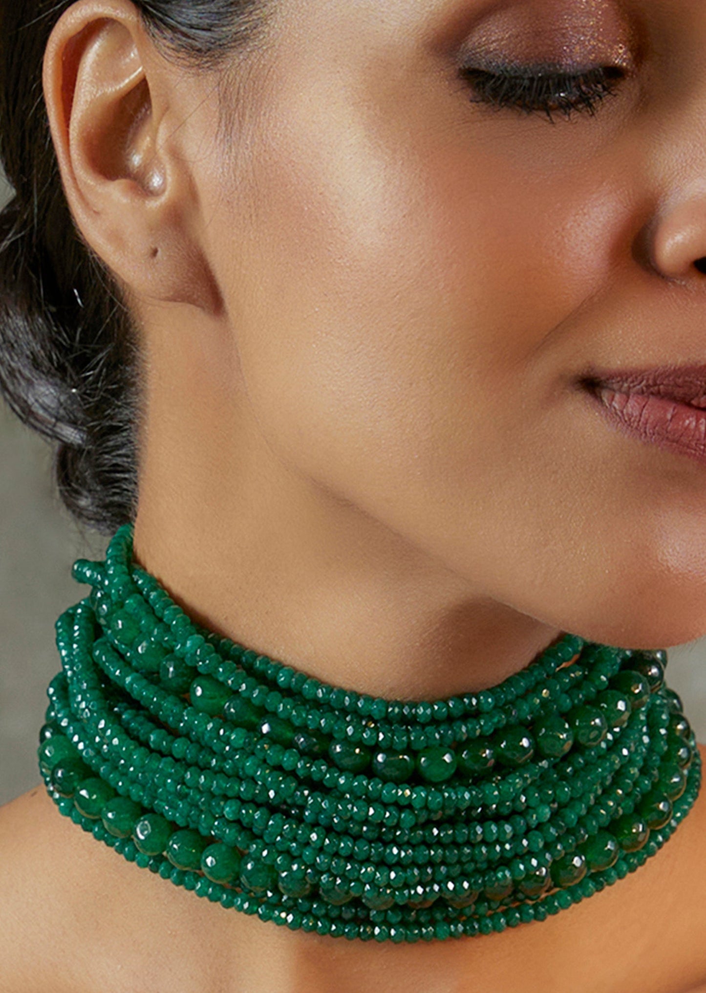 White Finish Green Beaded Layered Choker Necklace