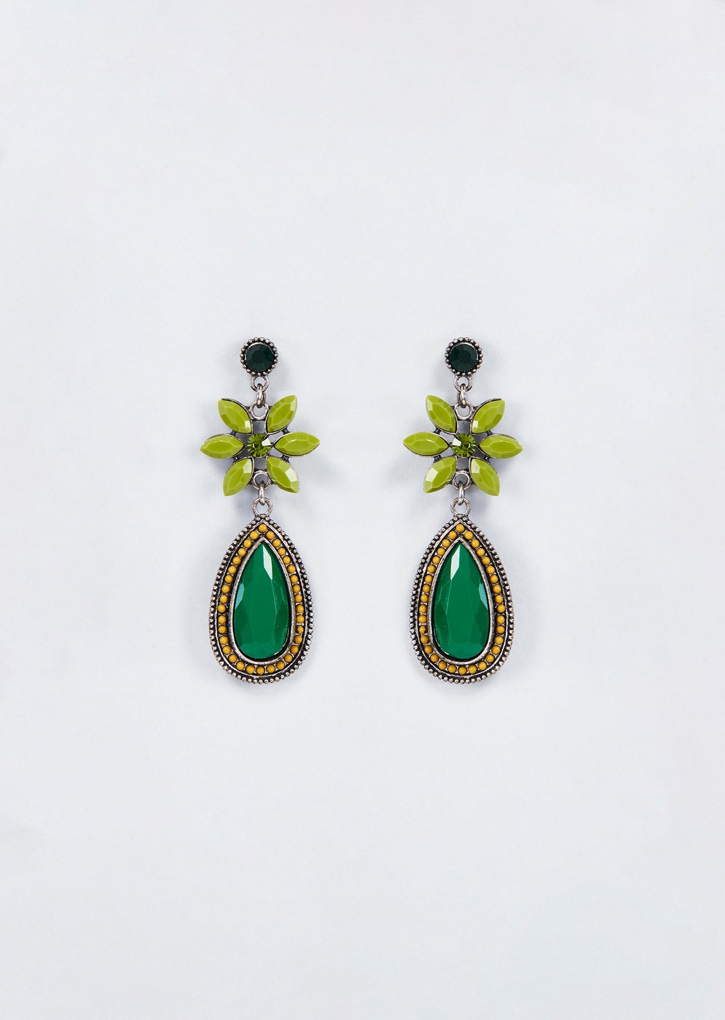 White Finish Green Stone Handcrafted Dangler Earrings