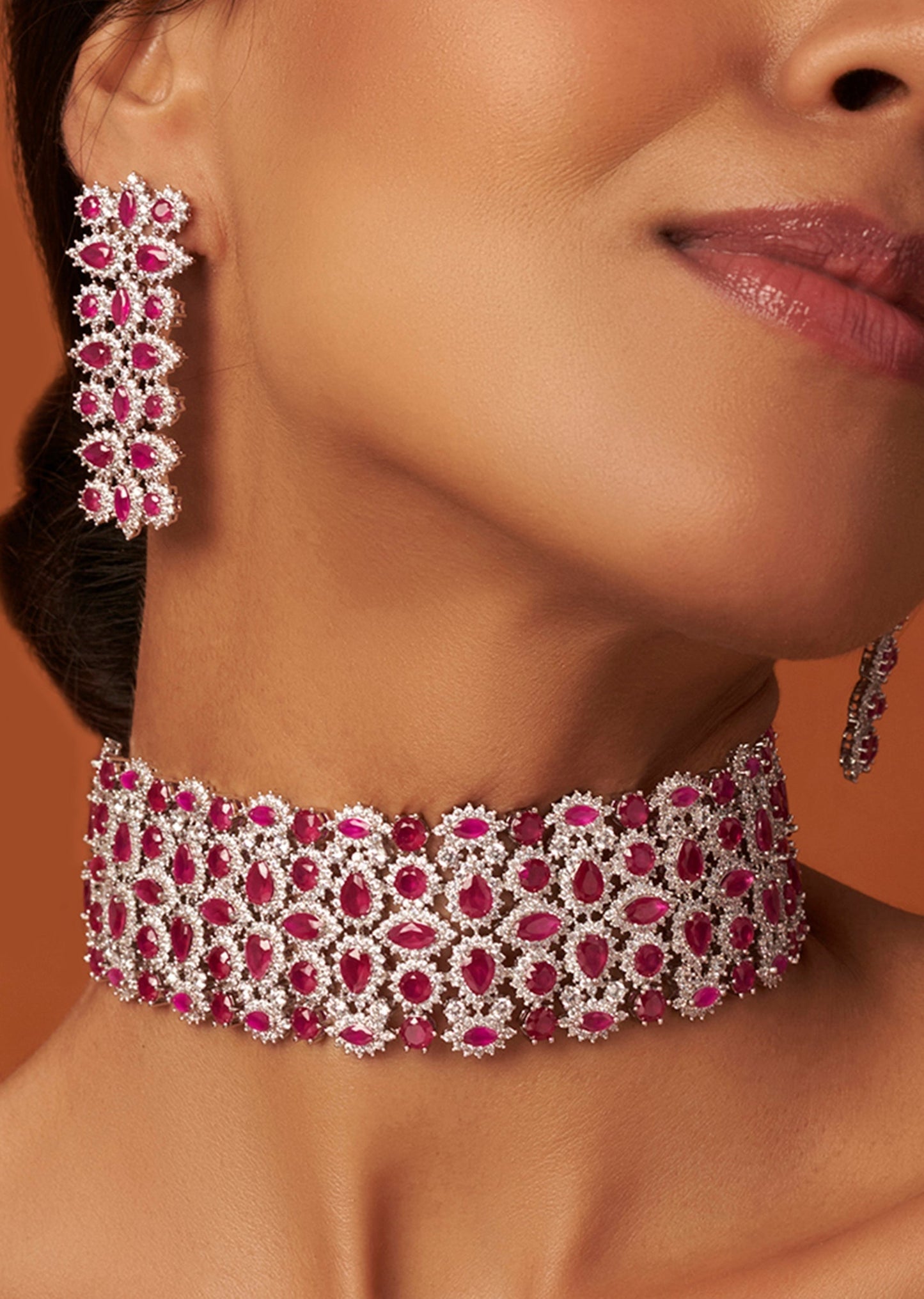 White Finish Ruby And Zircon Choker Necklace Set