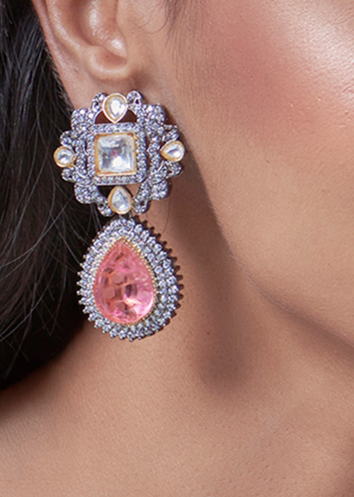 White Finish Zircon And Kundan Polki Dangler Earrings