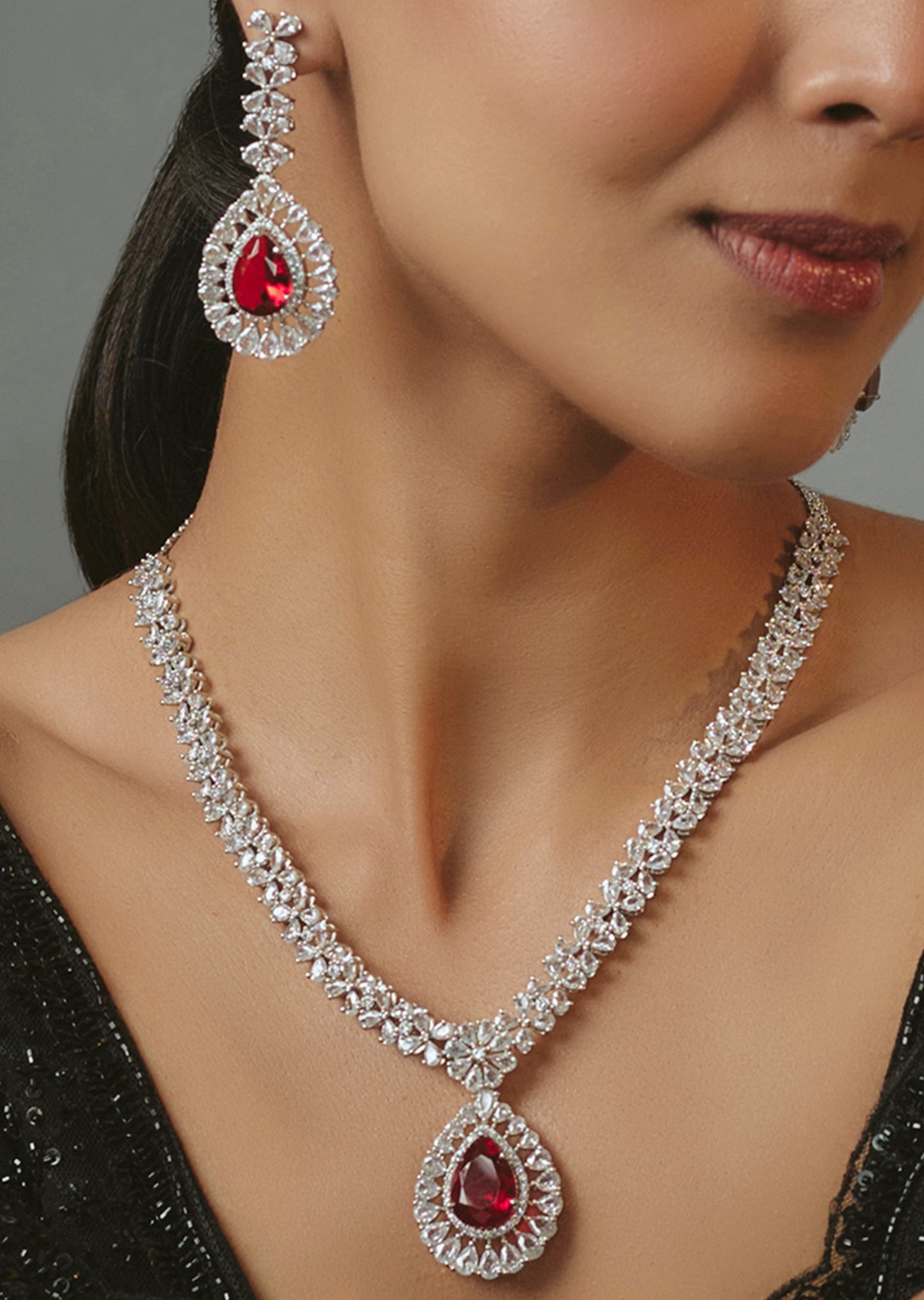 White Finish Zircon And Ruby Synthetic Stone Necklace Set