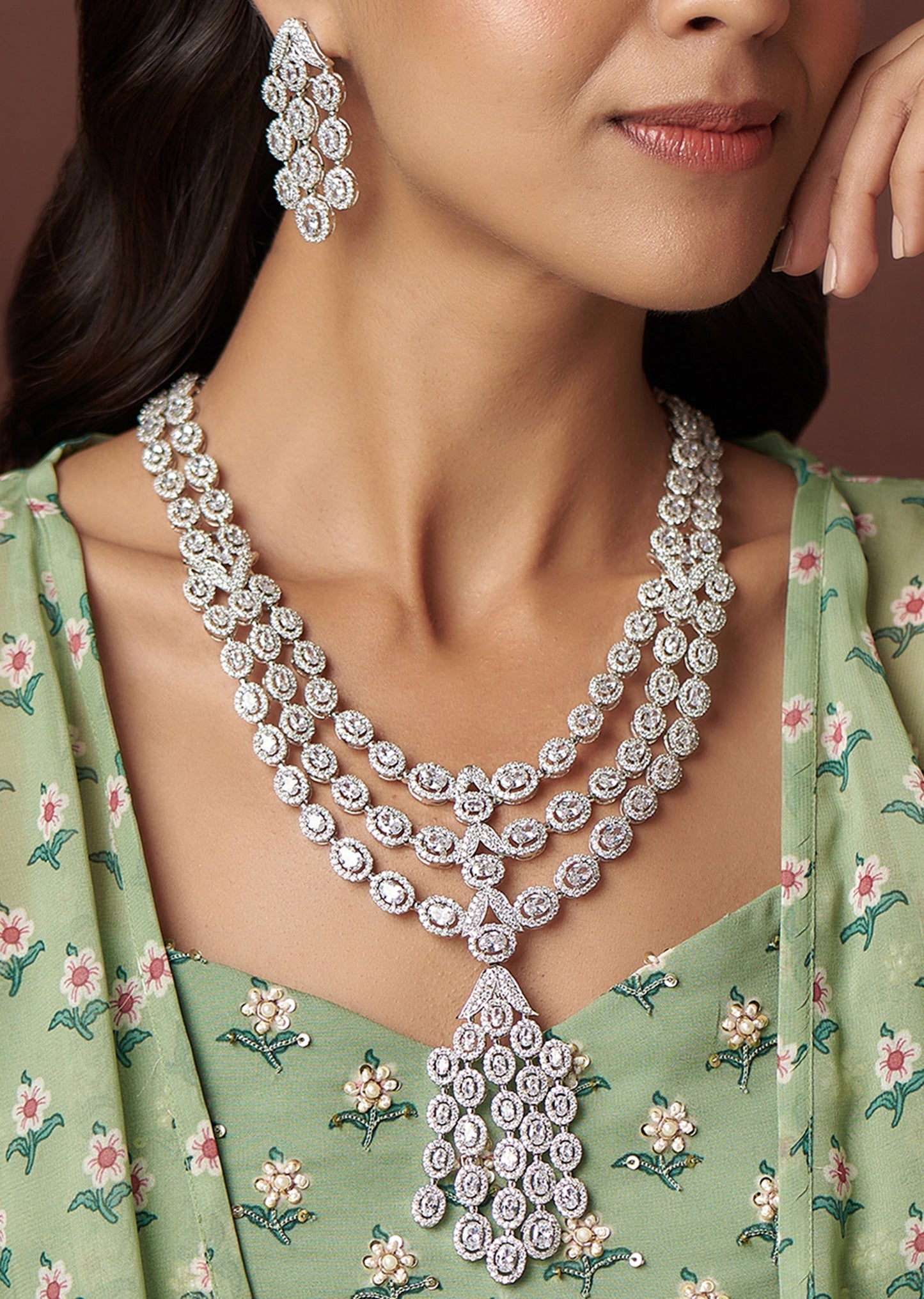 White Finish Crystal Zircon Long Necklace Set