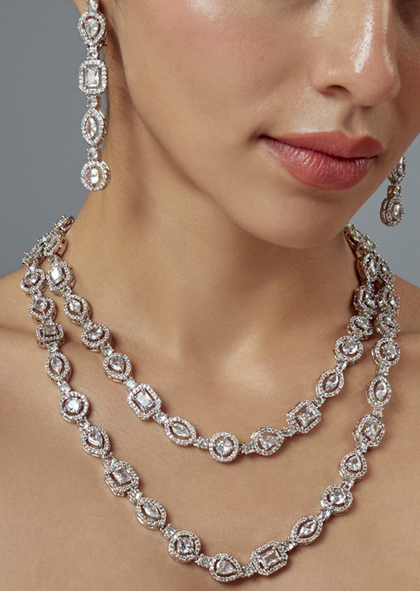 White Finish Statement Zircon Long Necklace Set
