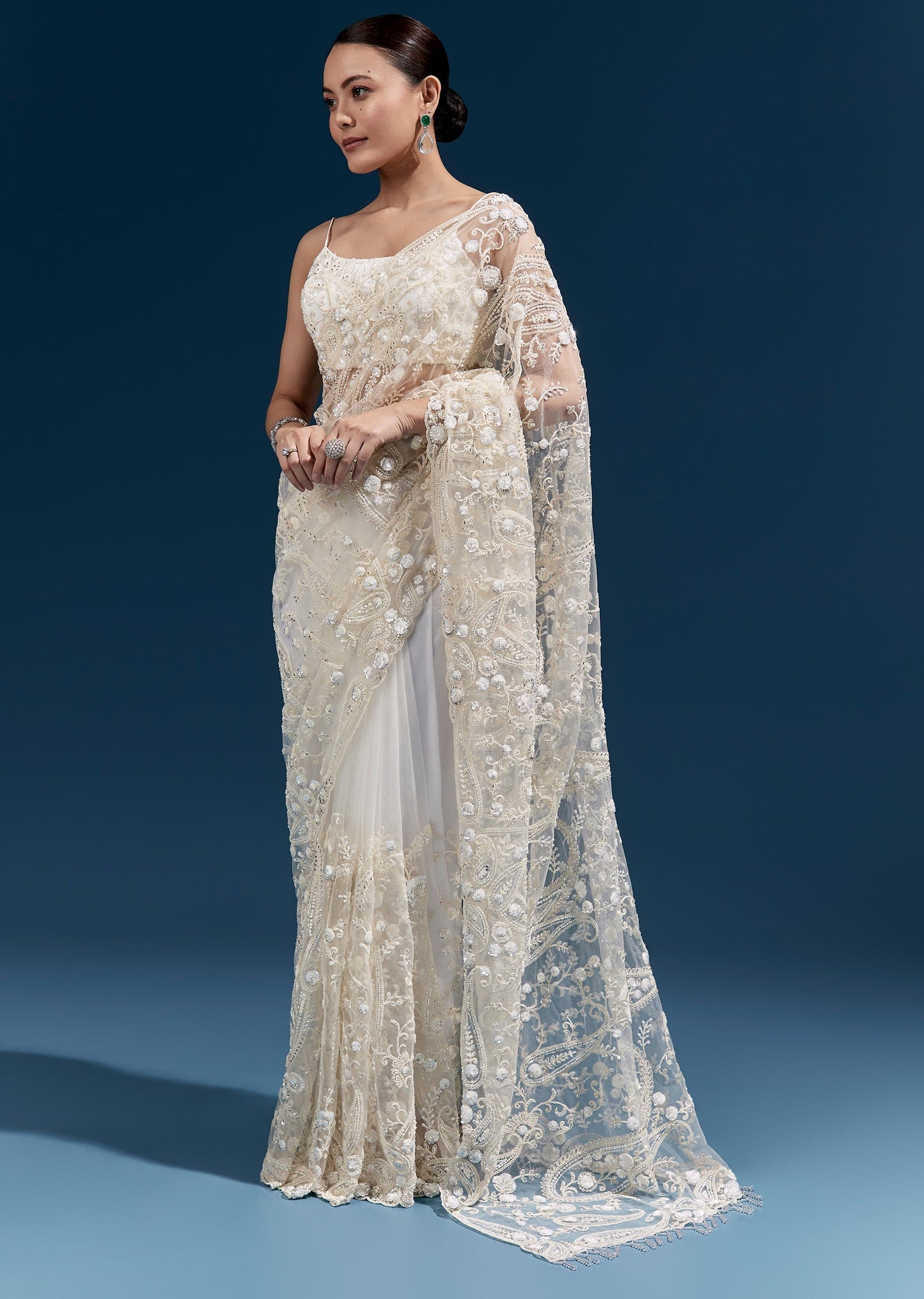 White Floral Heavy Embroidered Net Saree With Tasselled Pallu