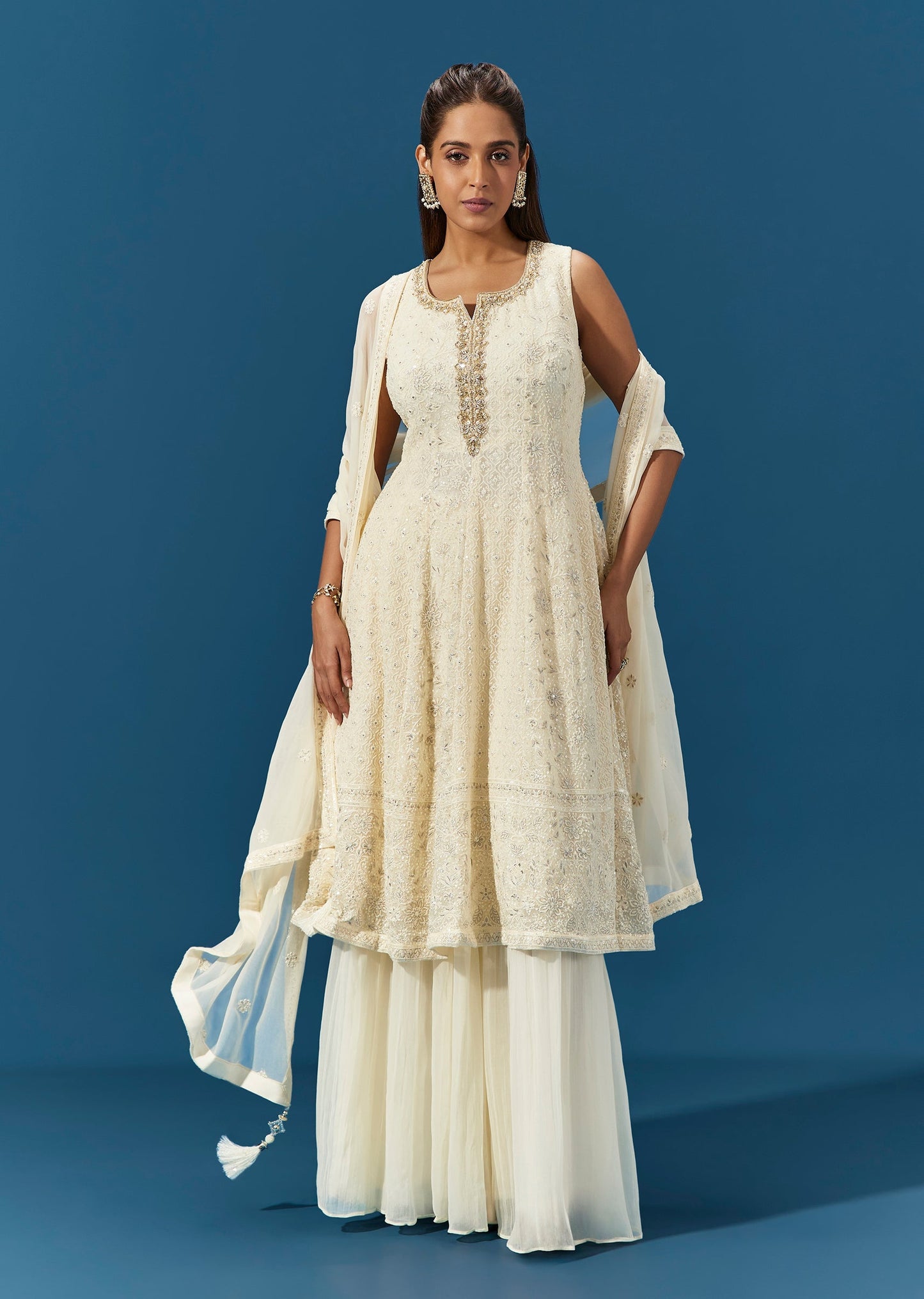White Georgette Lucknowi Anarkali Suit With Dupatta