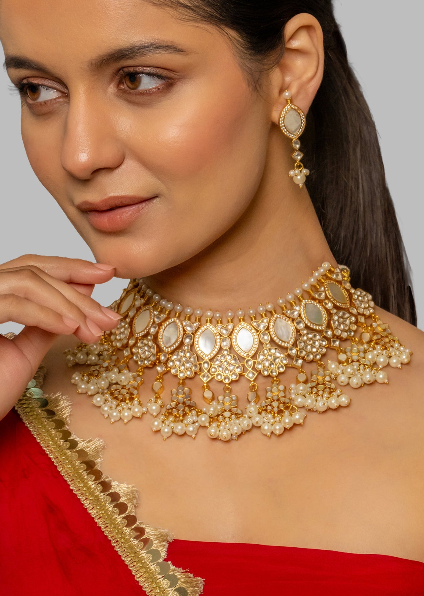 White Heavy Kundan Polki Bridal Necklace Set