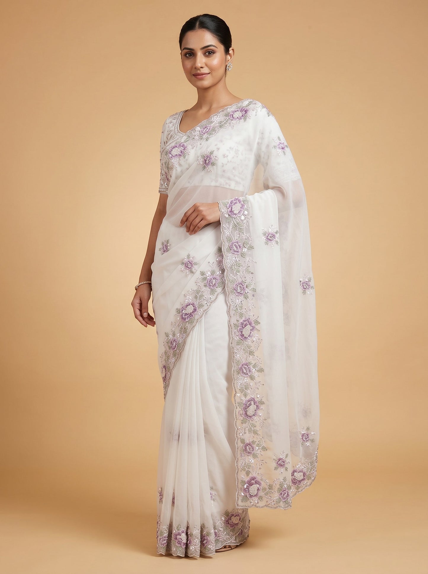 White Ivory Sheen Embroidered Saree