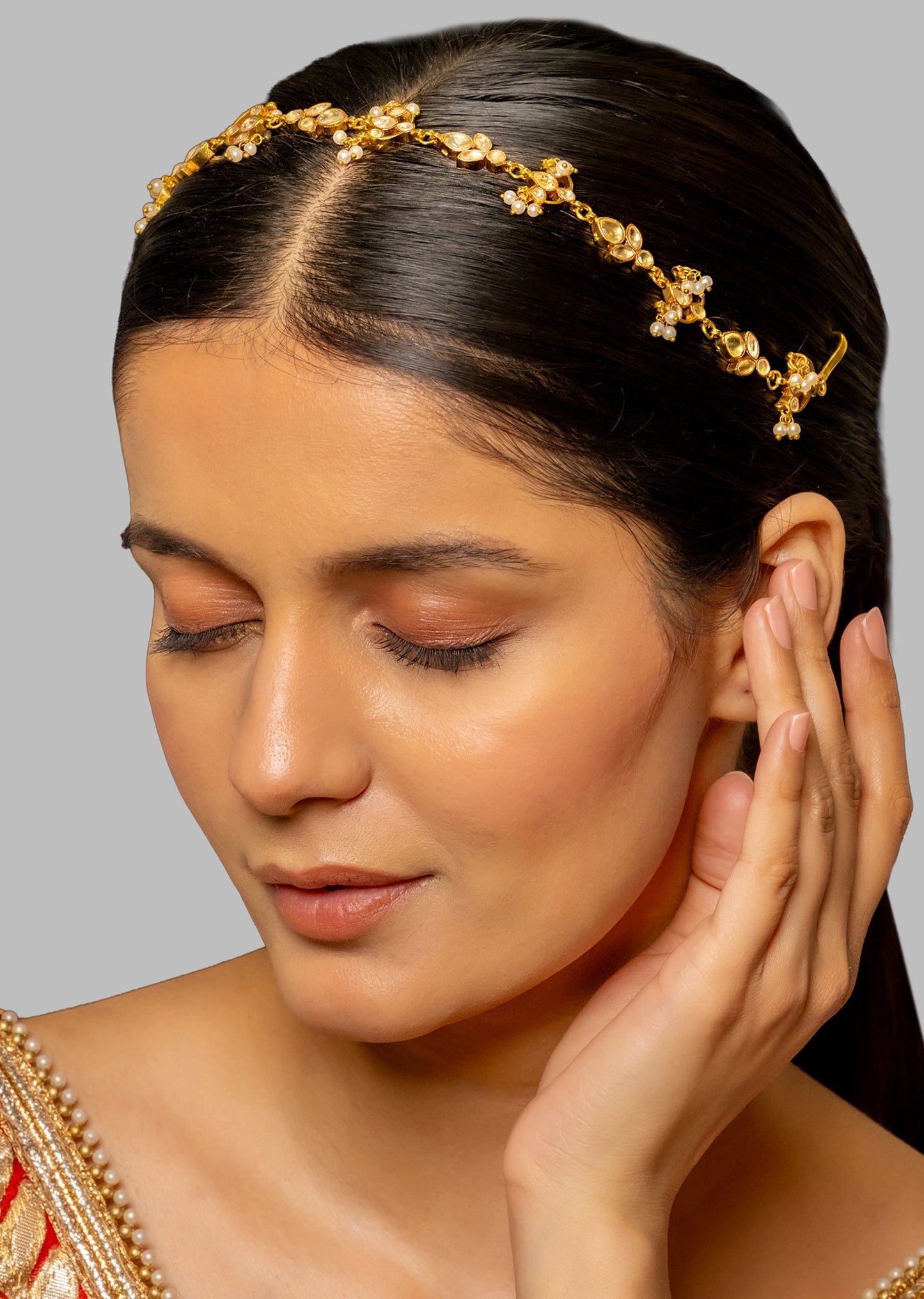 White Kundan Bridal Headband With Polki Diamond