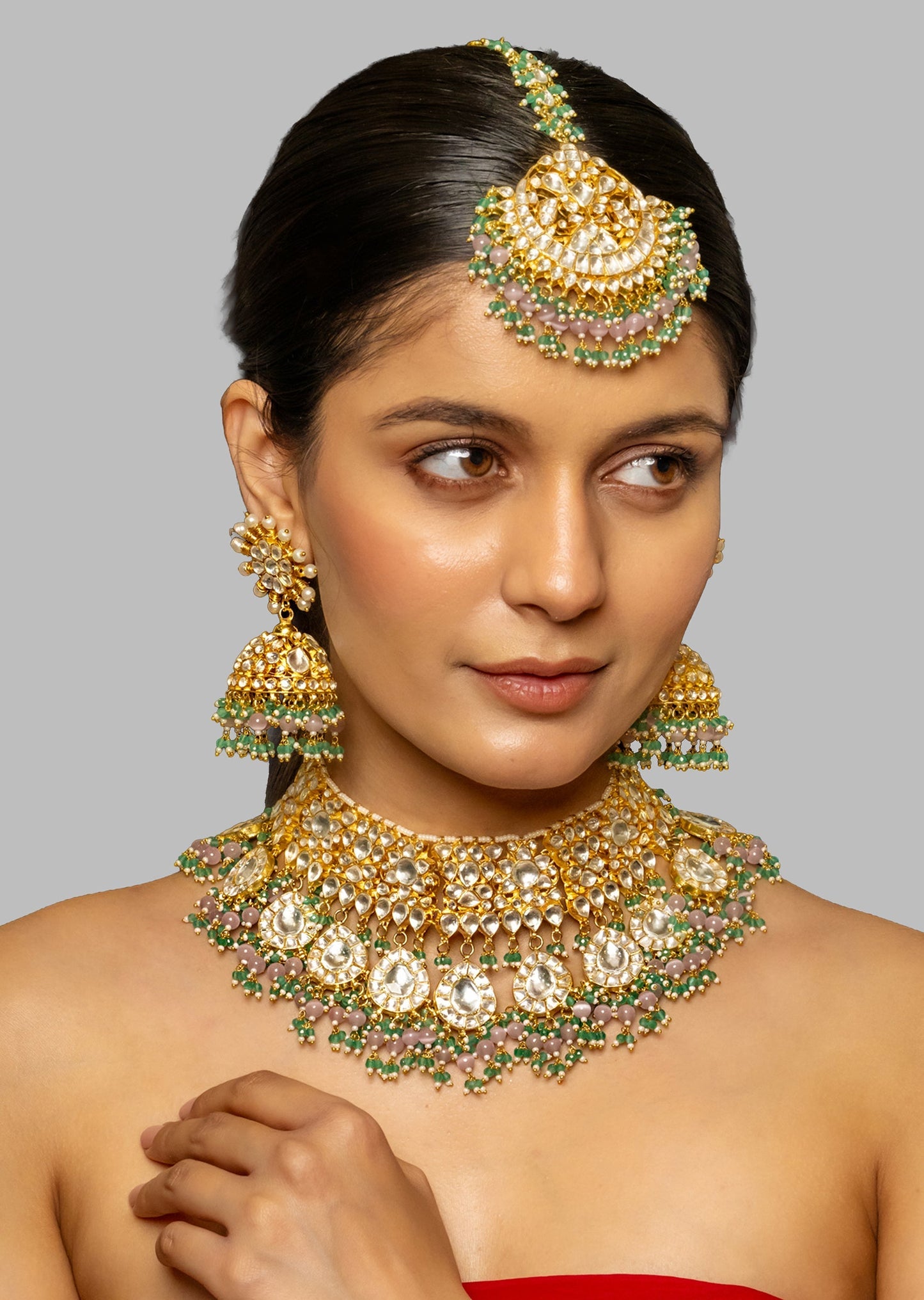 White Kundan Bridal Necklace Set With Polki Diamond