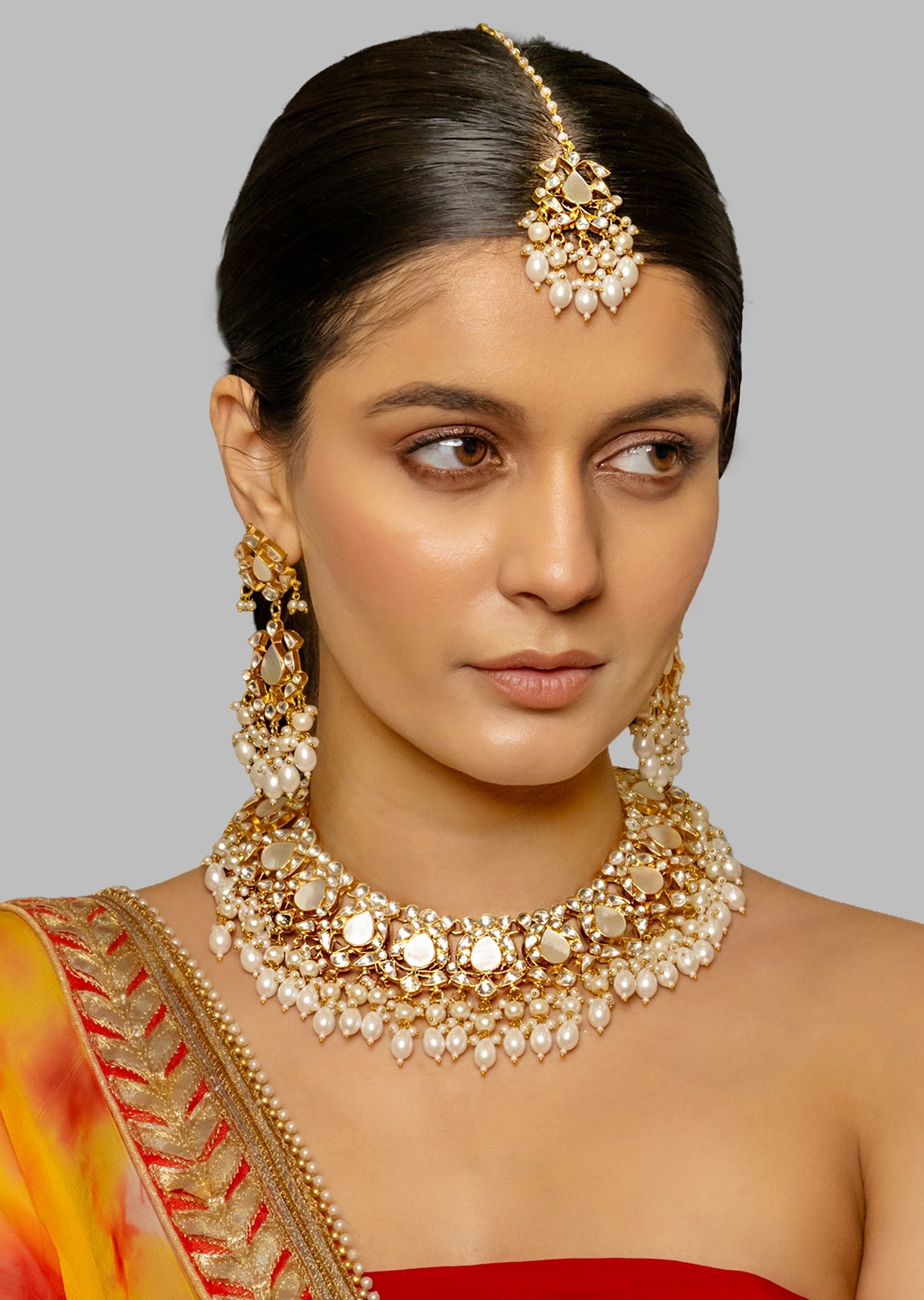 White Kundan Bridal Necklace Set With Polki Diamond Shine