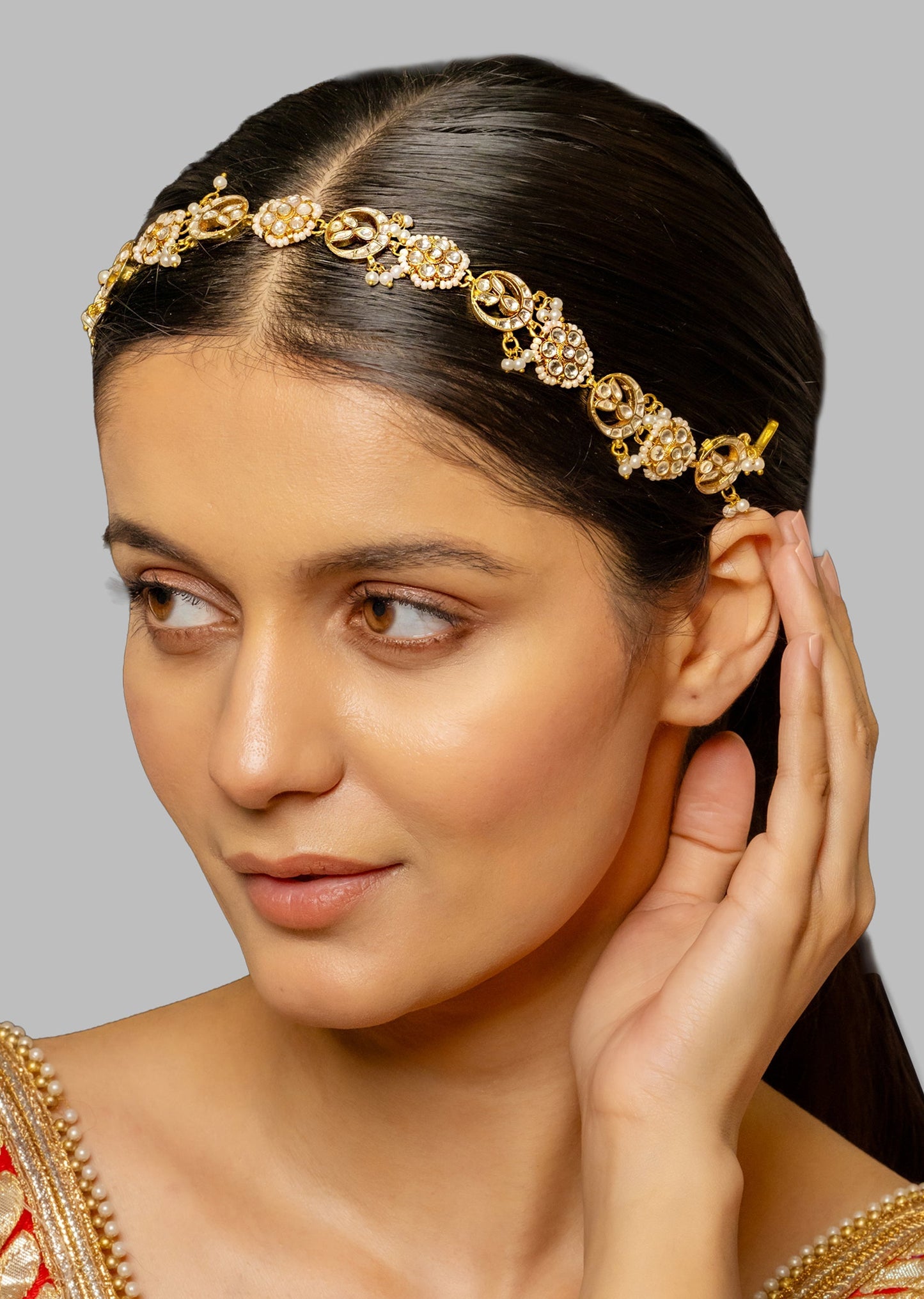 White Kundan Headband With Royal Polki