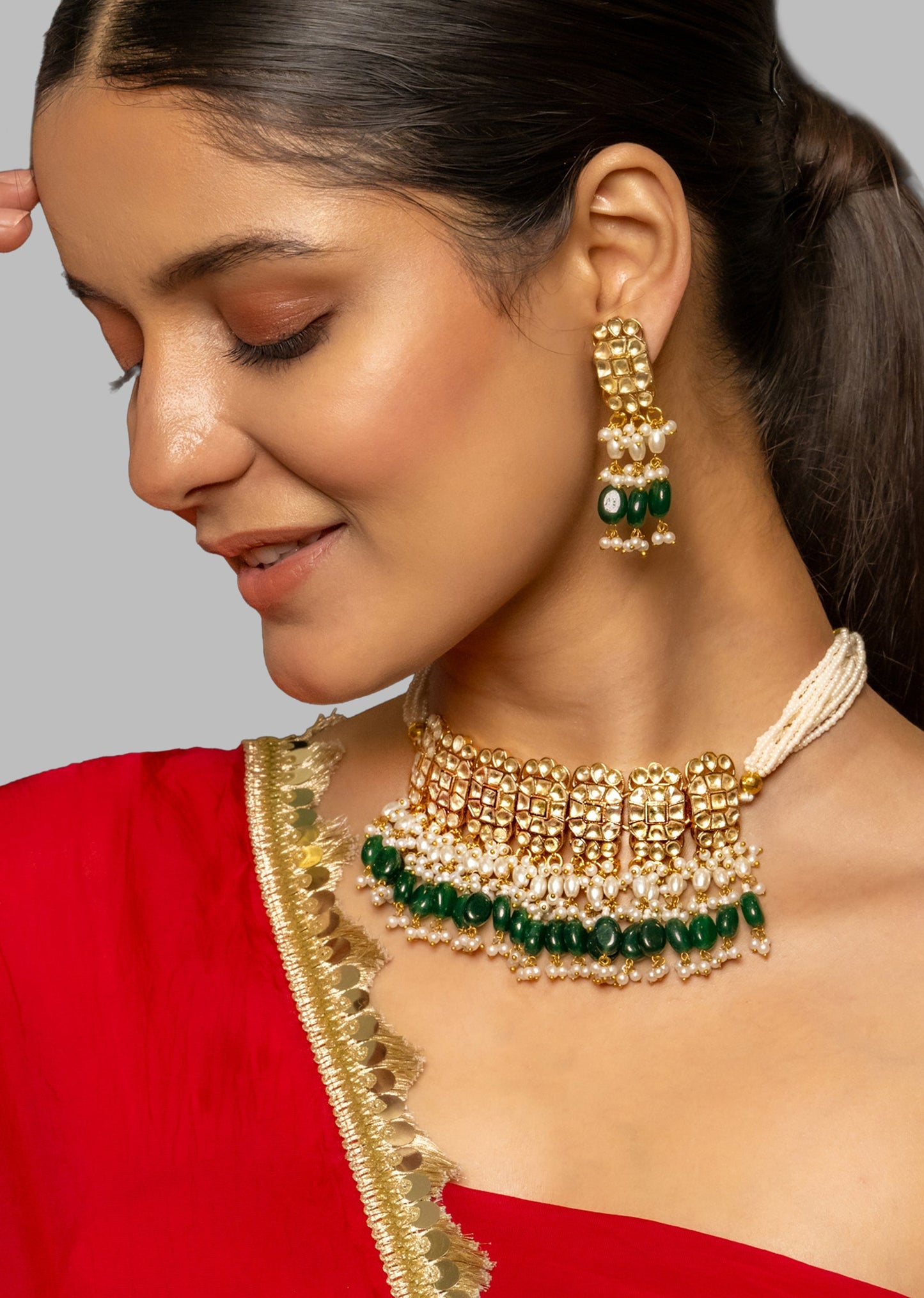 Green And Gold Kundan Polki Bridal Choker Set