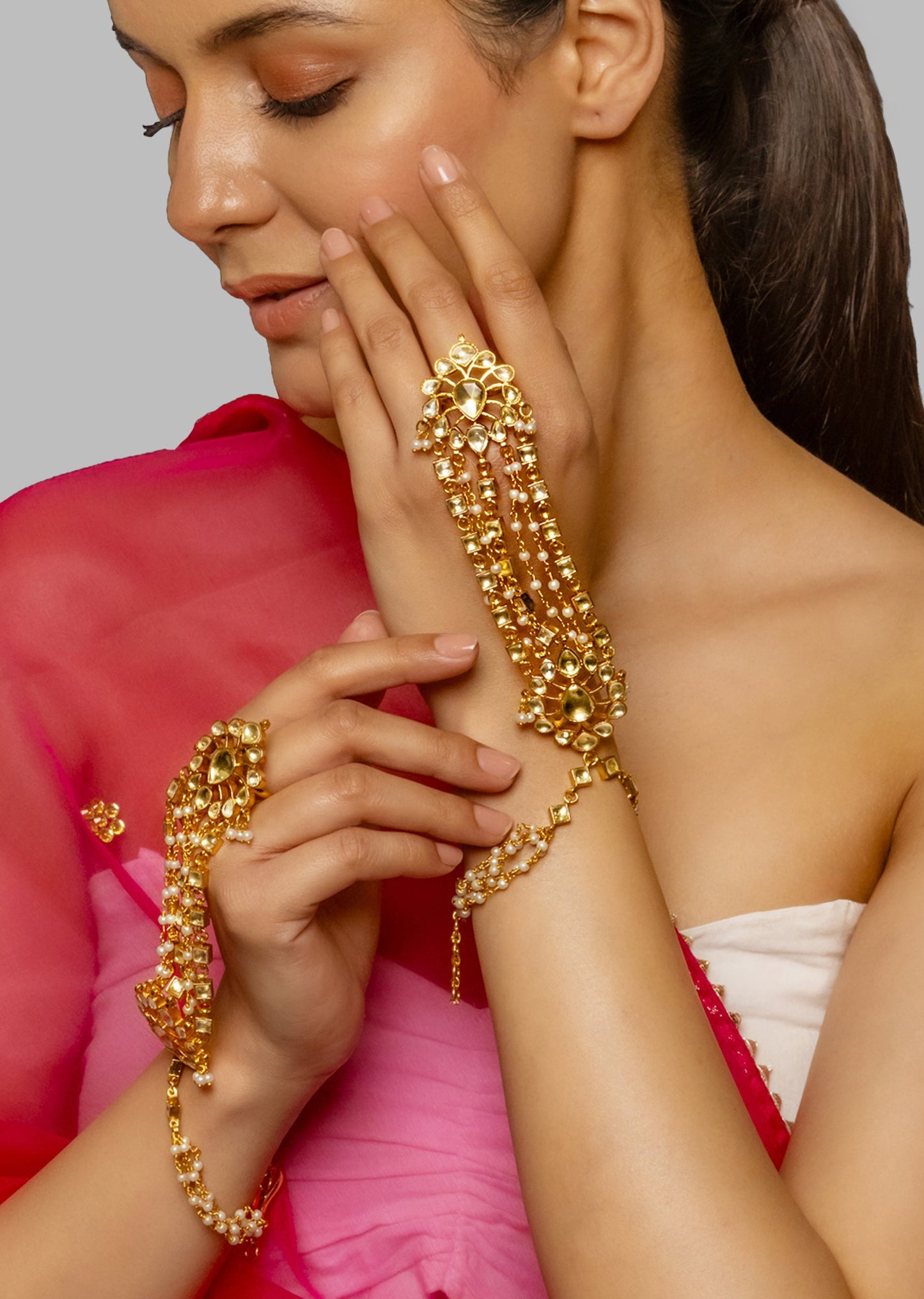 White Kundan Polki Bridal Hand Harness