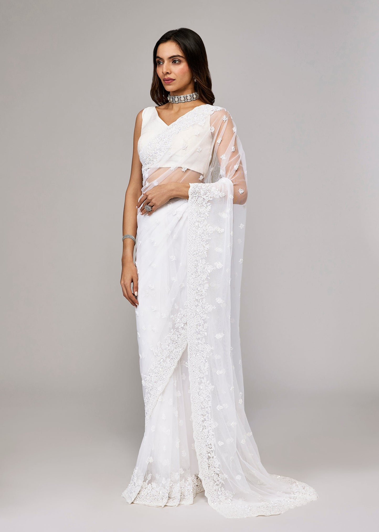 White Net Saree With Embroidered Butti Work