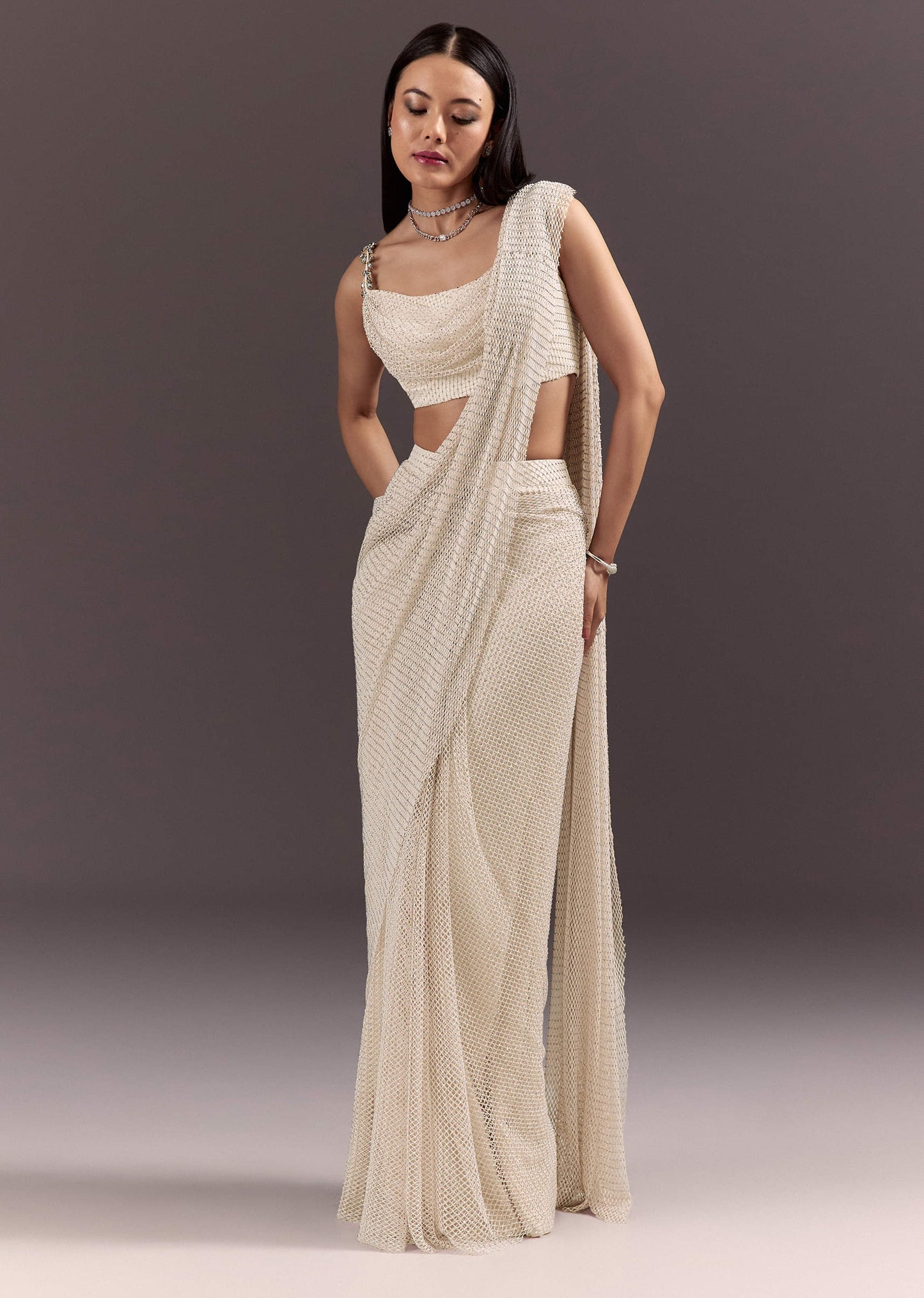 White Pre Draped Saree With Crystal Work And Cowl Blouse