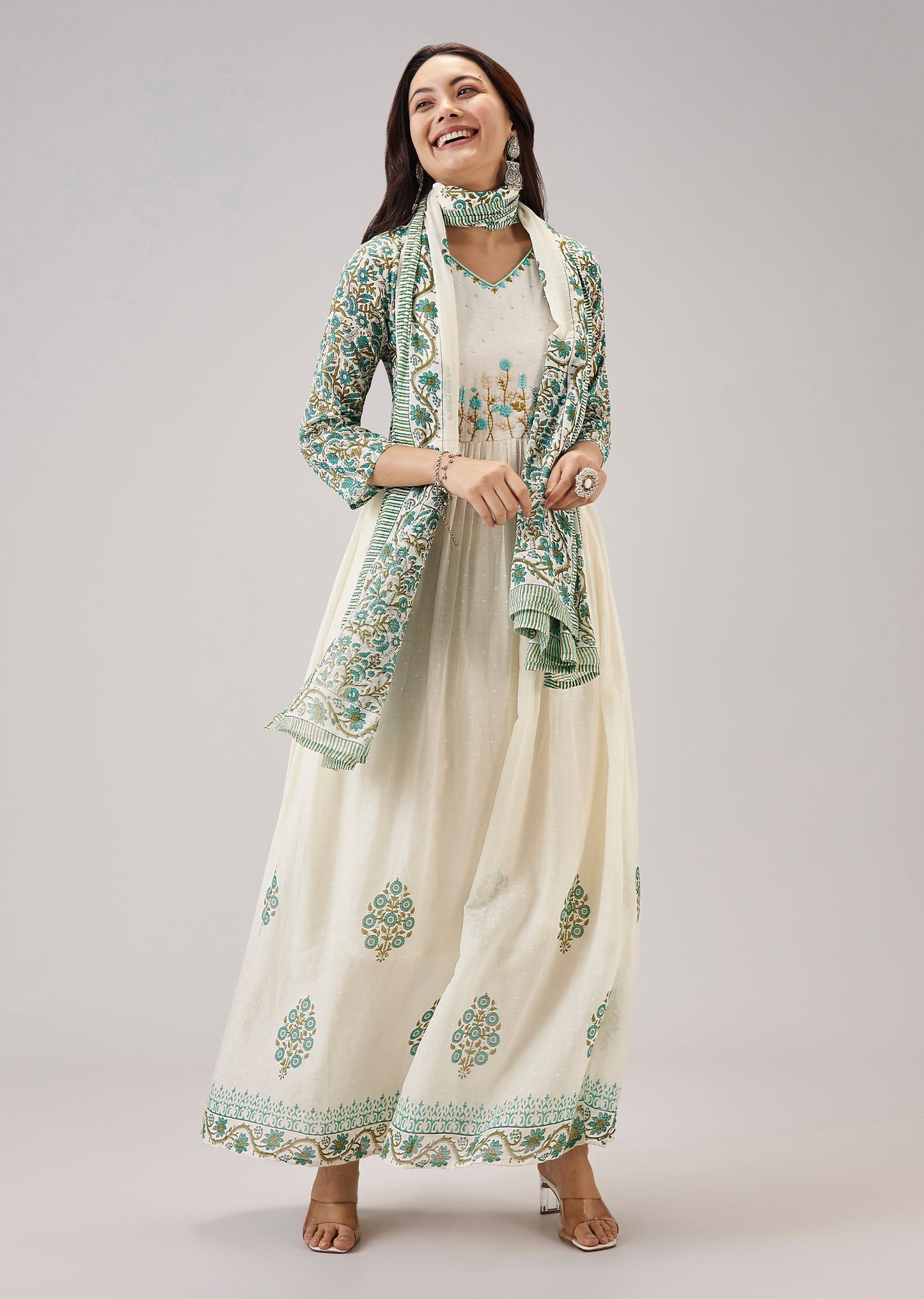 White Handcrafted Anarkali With Beads And Thread Embroidery