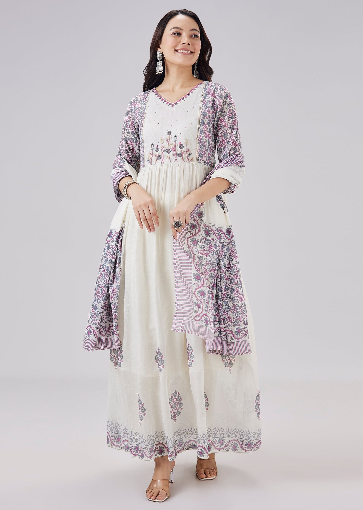 White Printed Mulmul Cotton Anarkali Set With Dupatta